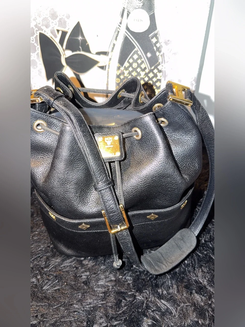 MCM Drawstring Bucket Bag with Gold Accents